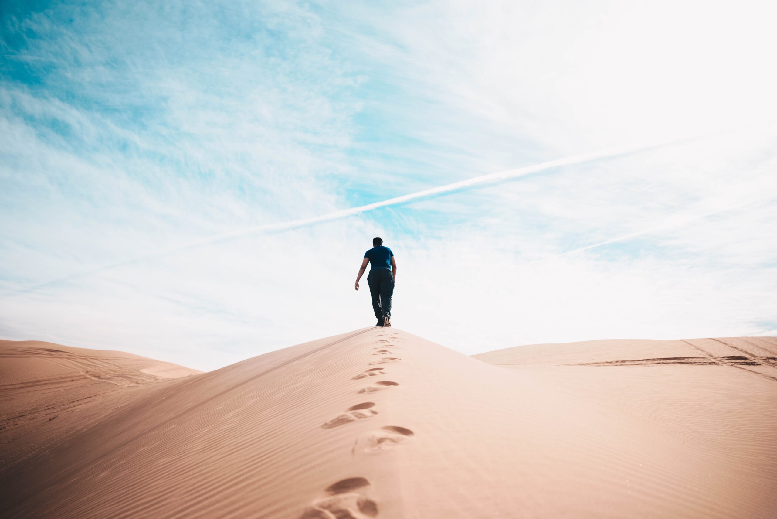 Man walking in the desert. Visualization methods for stress management. Mindletic Blog